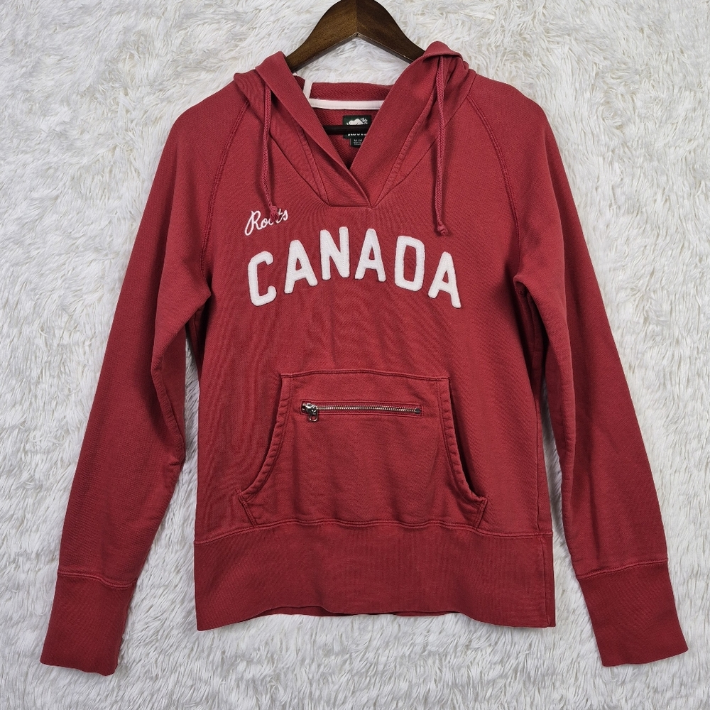 Vtg Roots Canada‎ Womens M Red Hooded French Terry Sweater Heritage Y2K Varsity